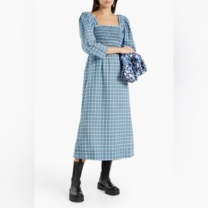 Ganni Seersucker Shirred Midi Dress Women in Check Azure Blue